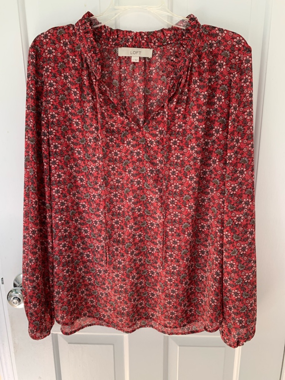 LOFT Red Floral V-Neck Long Sleeve Blouse